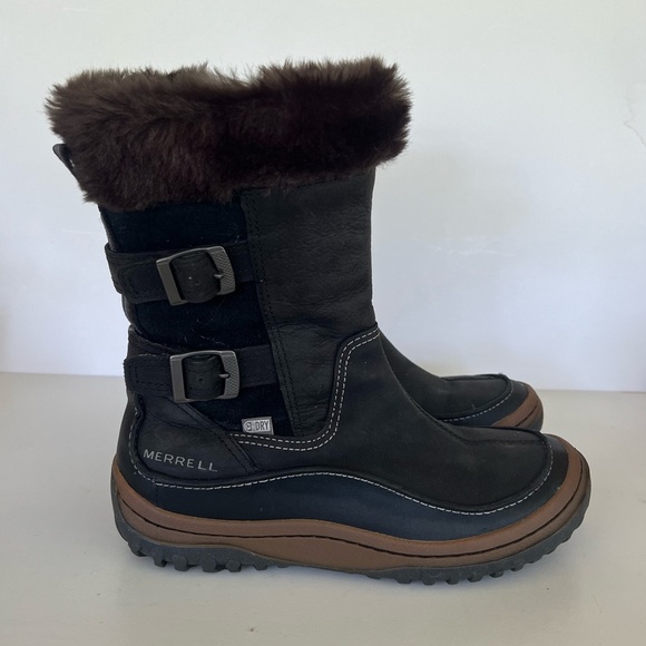 Merrell Decora Chant Waterproof Mid-Calf Black and Brown Leather Boots, size 8.5 - Picture 2 of 13